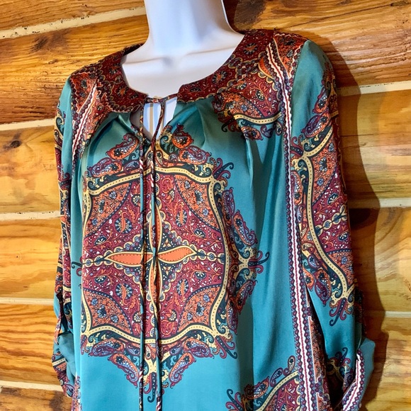 NY Collection Bohemian Boho Satin Blouse Shirt Medium - Picture 2 of 9